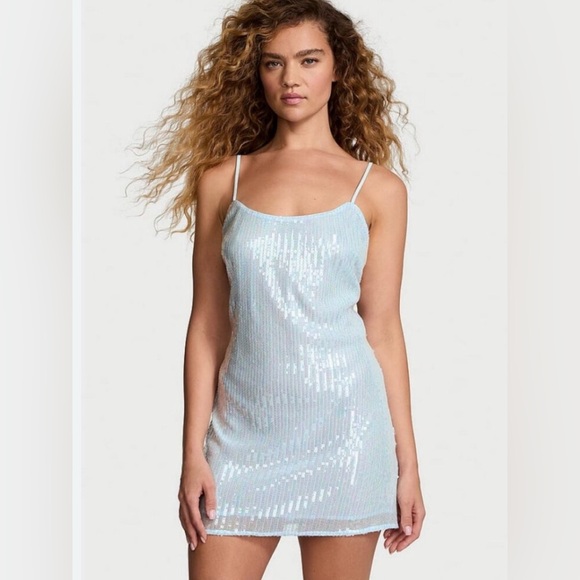 Victoria’s Secret Sequin Mini Slip Dress Light Blue & Cheeky Pantie 2 Pieces M - Picture 4 of 12
